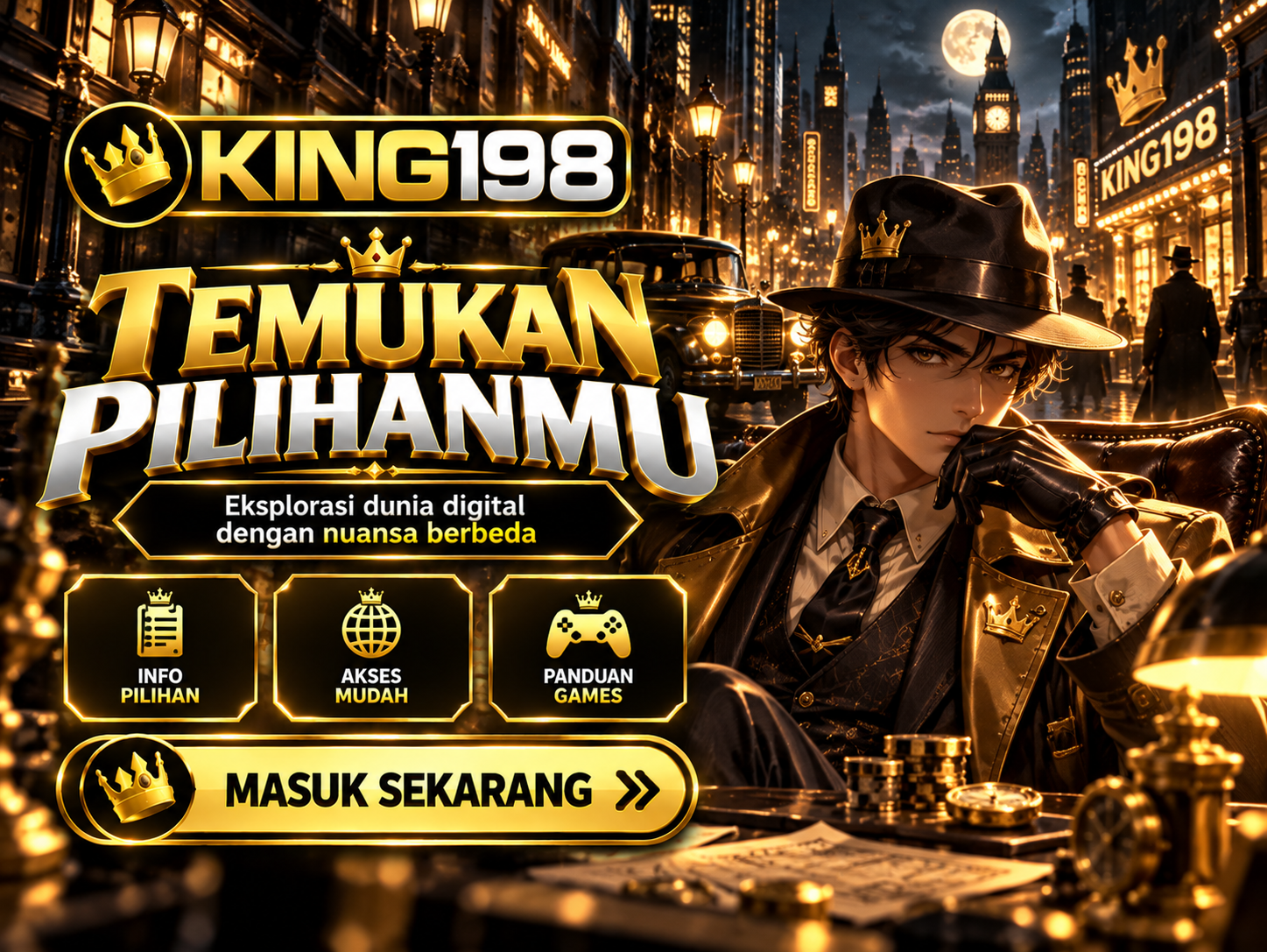 Banner KING198 film noir dengan detektif misterius di jalan kota gelap bersorot lampu emas.